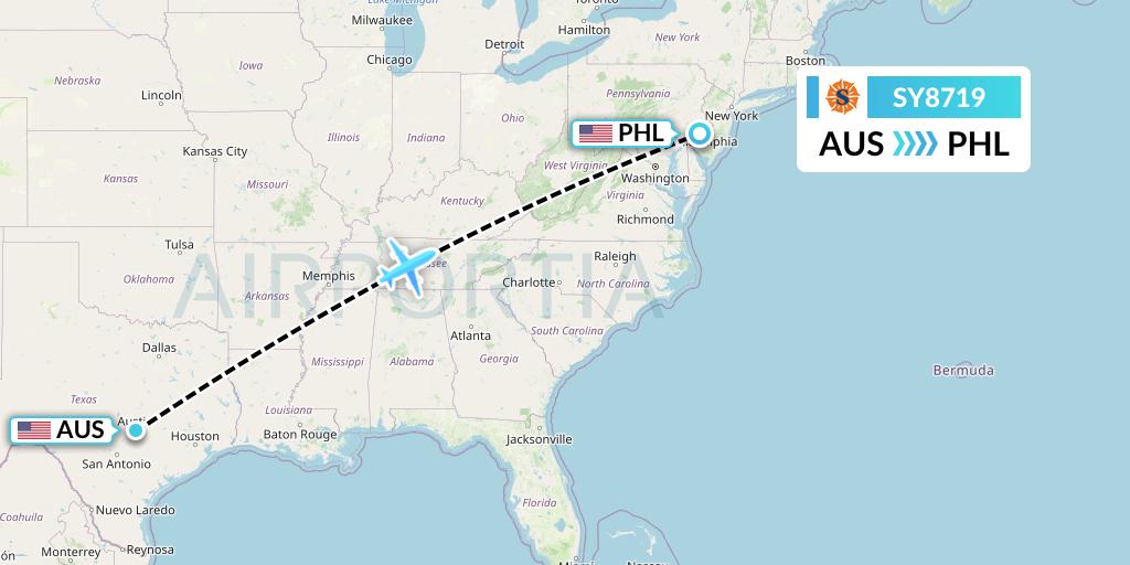 SY8719 Sun Country Airlines Flight Map: Austin to Philadelphia