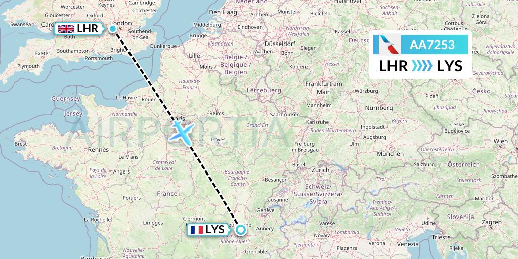 AA7253 American Airlines Flight Map: London to Lyon
