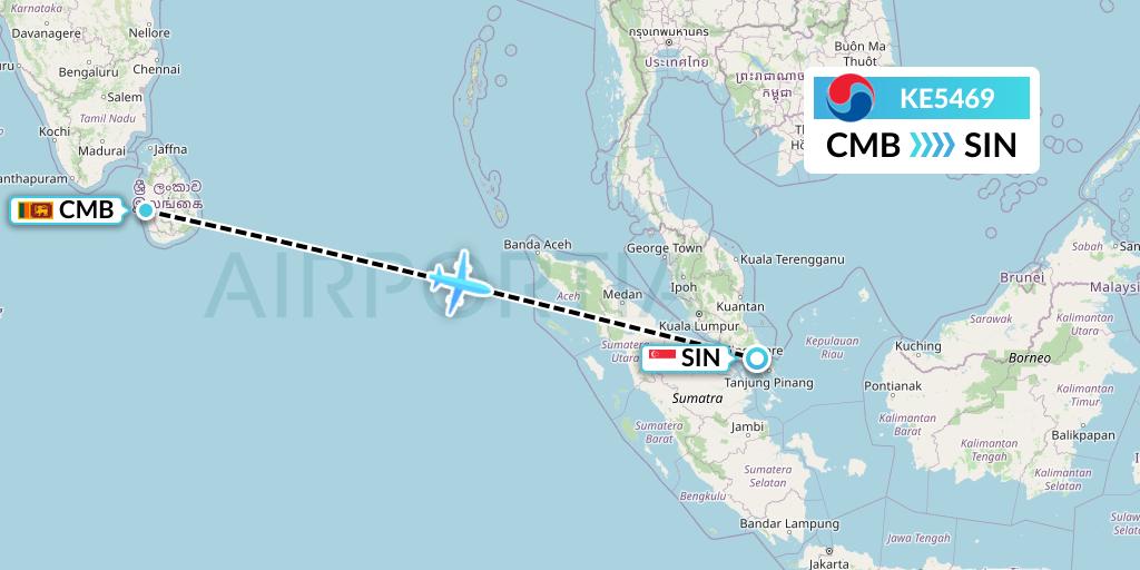 KE5469 Korean Air Flight Map: Colombo to Singapore