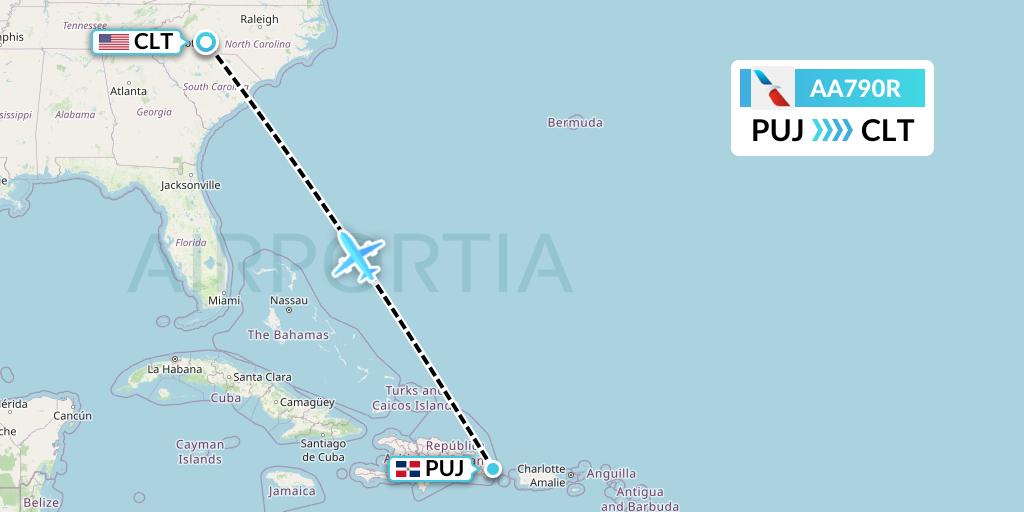 AA790R American Airlines Flight Map: Punta Cana to Charlotte