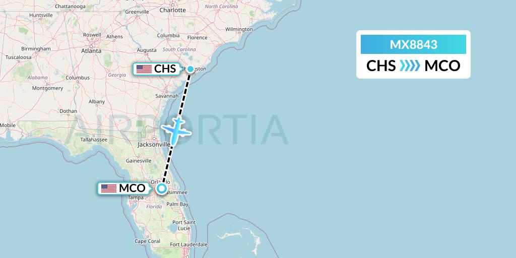 MX8843 Breeze Airways Flight Map: Charleston to Orlando