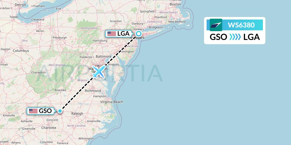 WS6380 WestJet Flight Map: Greensboro to New York