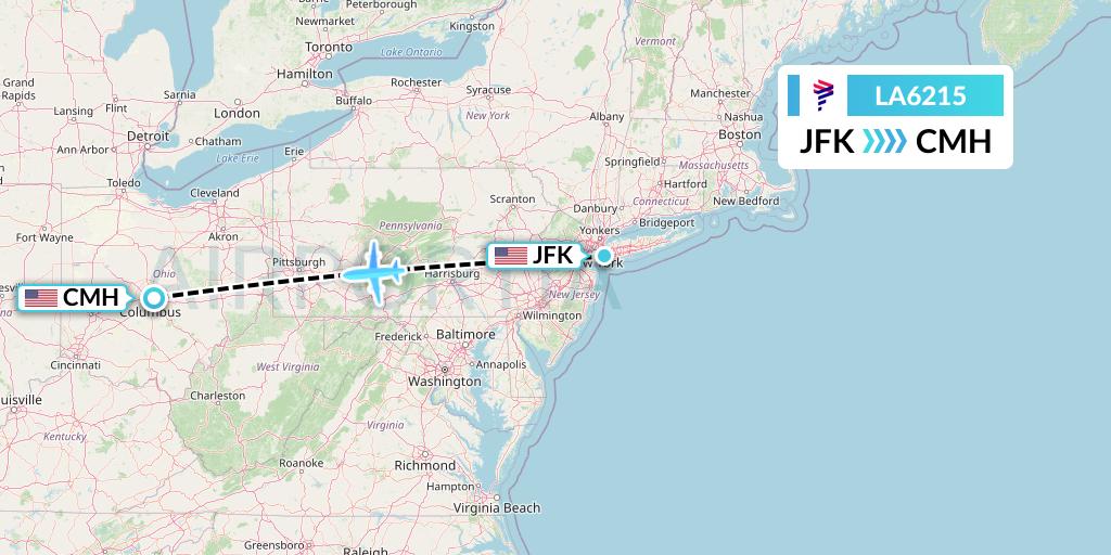 LA6215 LAN Airlines Flight Map: New York to Columbus