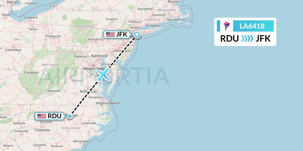 LA6418 LAN Airlines Flight Map: Raleigh-Durham to New York