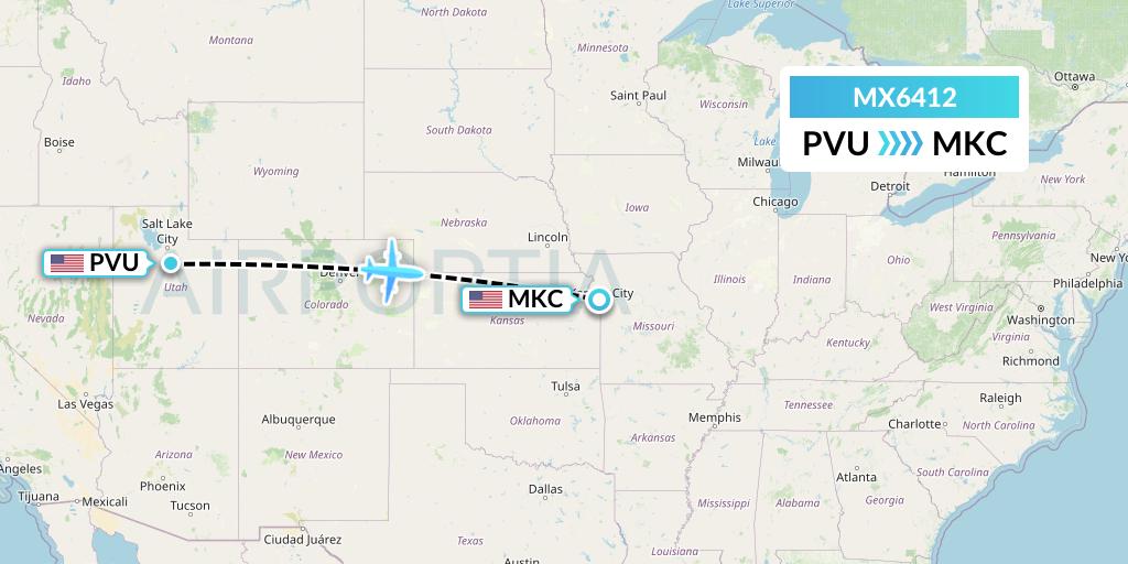 MX6412 Breeze Airways Flight Map: Provo to Kansas City