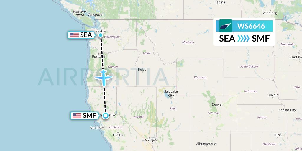WS6646 WestJet Flight Map: Seattle to Sacramento