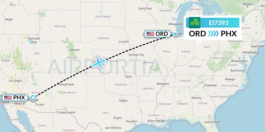 EI7393 Aer Lingus Flight Map: Chicago to Phoenix