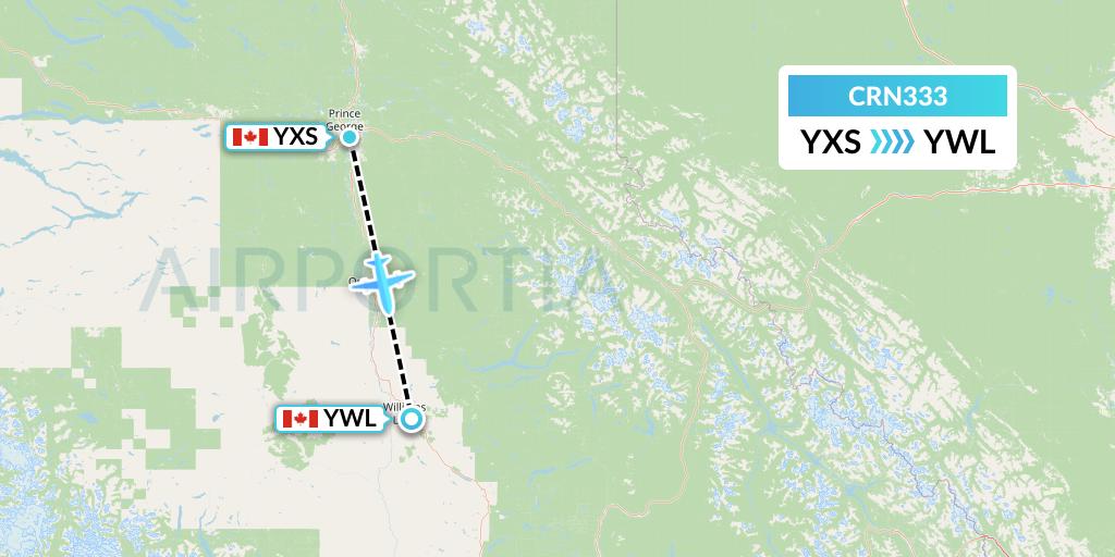 CRN333 Aerocaribbean Flight Map: Prince George to Williams Lake