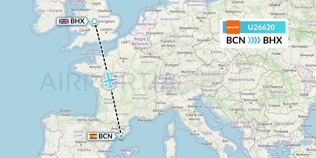 U26620 EasyJet Flight Map: Barcelona to Birmingham