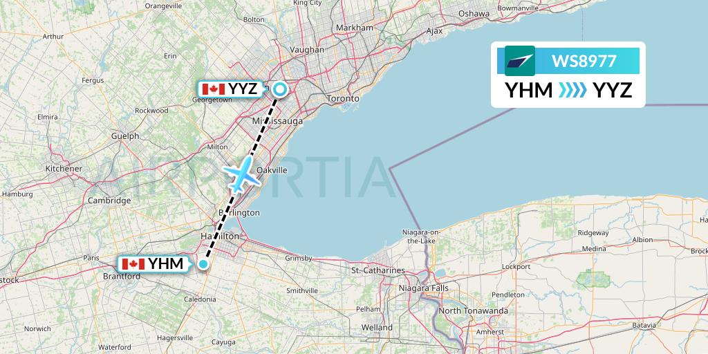 WS8977 WestJet Flight Map: Hamilton to Toronto