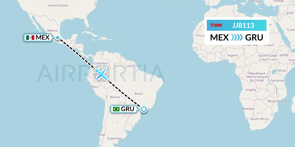 JJ8113 TAM Linhas Aereas Flight Map: Mexico City to Sao Paulo