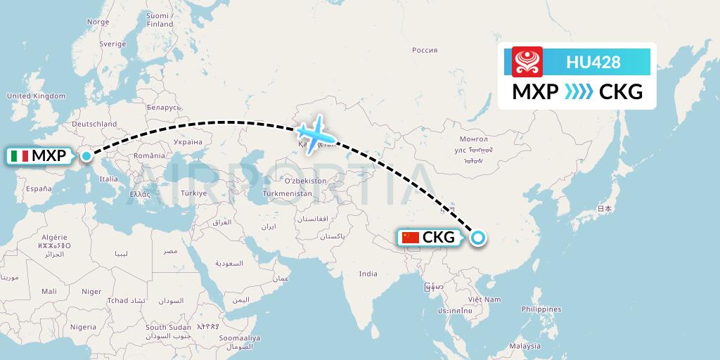 HU428 Hainan Airlines Flight Map: Milan to Chongqing