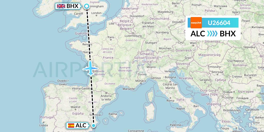 U26604 EasyJet Flight Map: Alicante to Birmingham