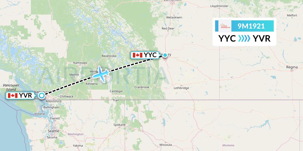 9M1921 Central Mountain Air Flight Map: Calgary to Vancouver