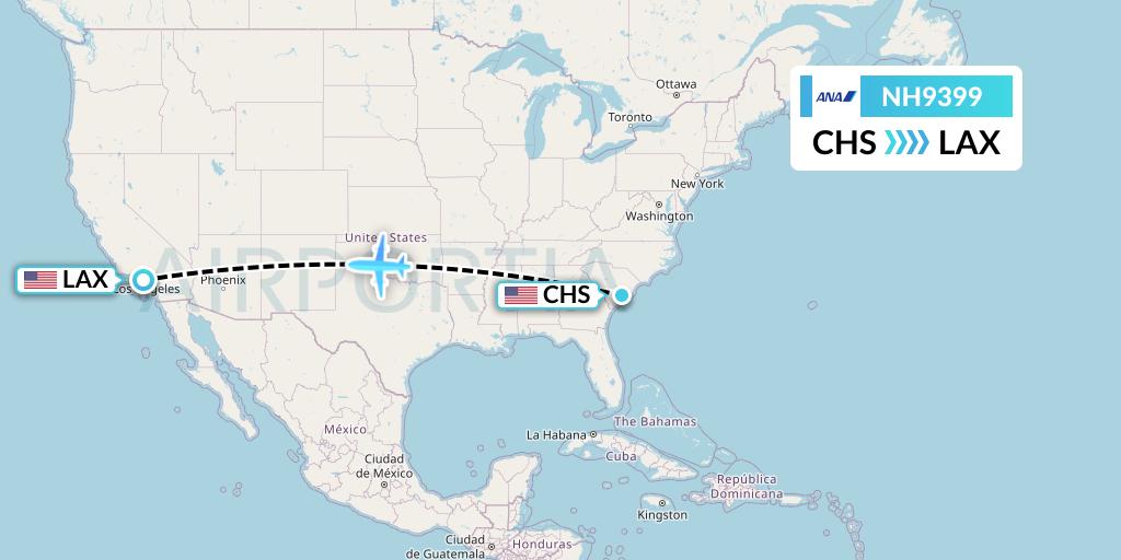 NH9399 All Nippon Airways Flight Map: Charleston to Los Angeles
