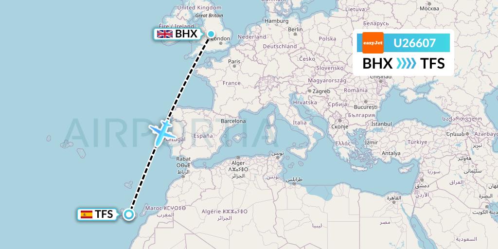 U26607 EasyJet Flight Map: Birmingham to Tenerife