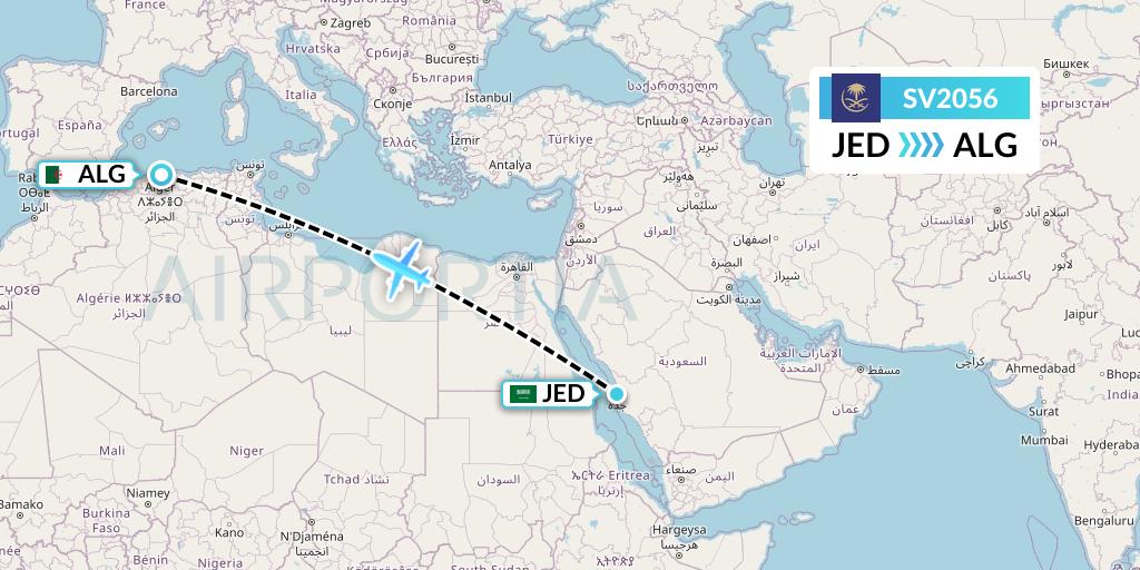 SV2056 Saudi Arabian Airlines Flight Map: Jeddah to Algiers