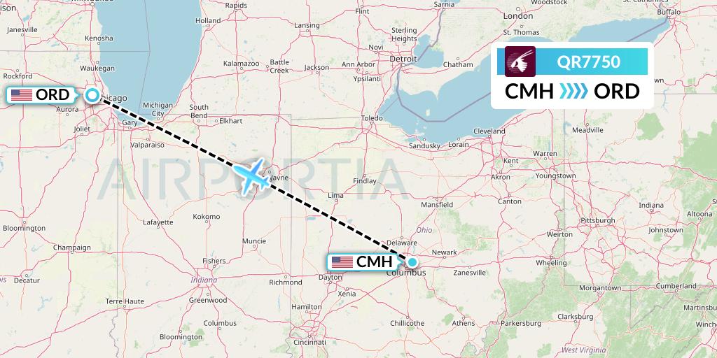 QR7750 Qatar Airways Flight Map: Columbus to Chicago