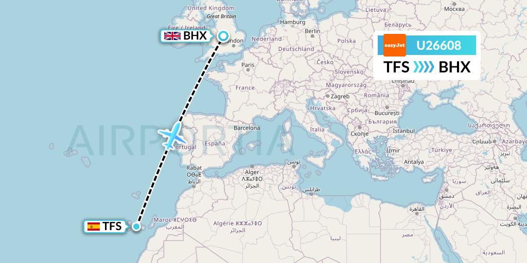 U26608 EasyJet Flight Map: Tenerife to Birmingham
