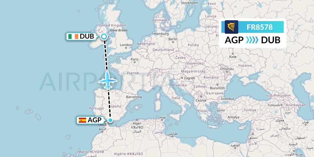 FR8578 Ryanair Flight Map: Malaga to Dublin