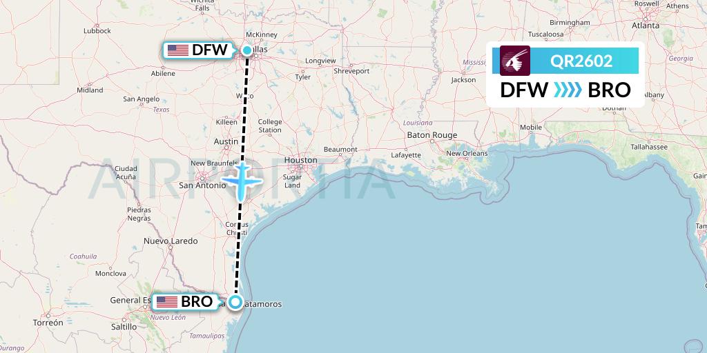 QR2602 Qatar Airways Flight Map: Dallas to Brownsville