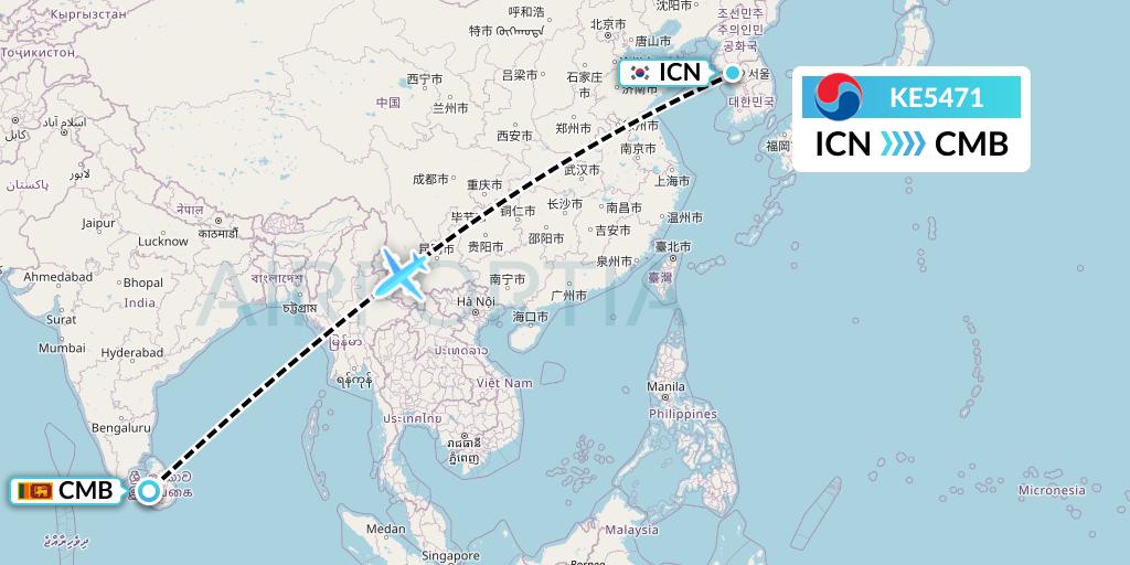 KE5471 Korean Air Flight Map: Seoul to Colombo