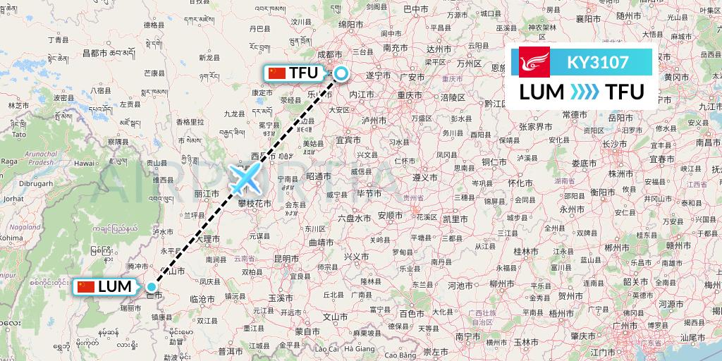 KY3107 Kunming Airlines Flight Map: Mangshi to Chengdu
