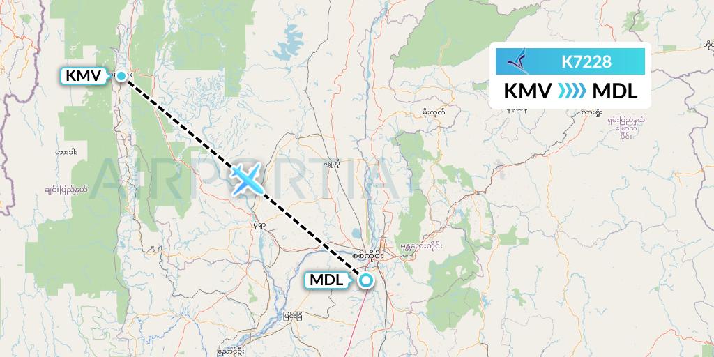 K7228 Air KBZ Flight Map: Kalemyo to Mandalay
