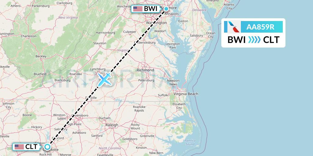 AA859R American Airlines Flight Map: Baltimore to Charlotte