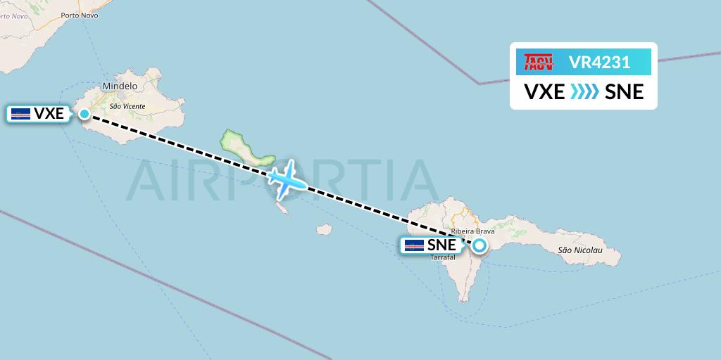 VR4231 TACV Cape Verde Airlines Flight Map: Sao Vicente to Preguica