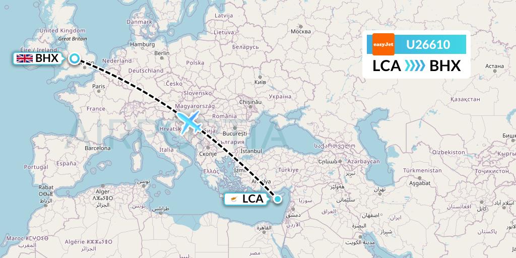 U26610 EasyJet Flight Map: Larnaca to Birmingham