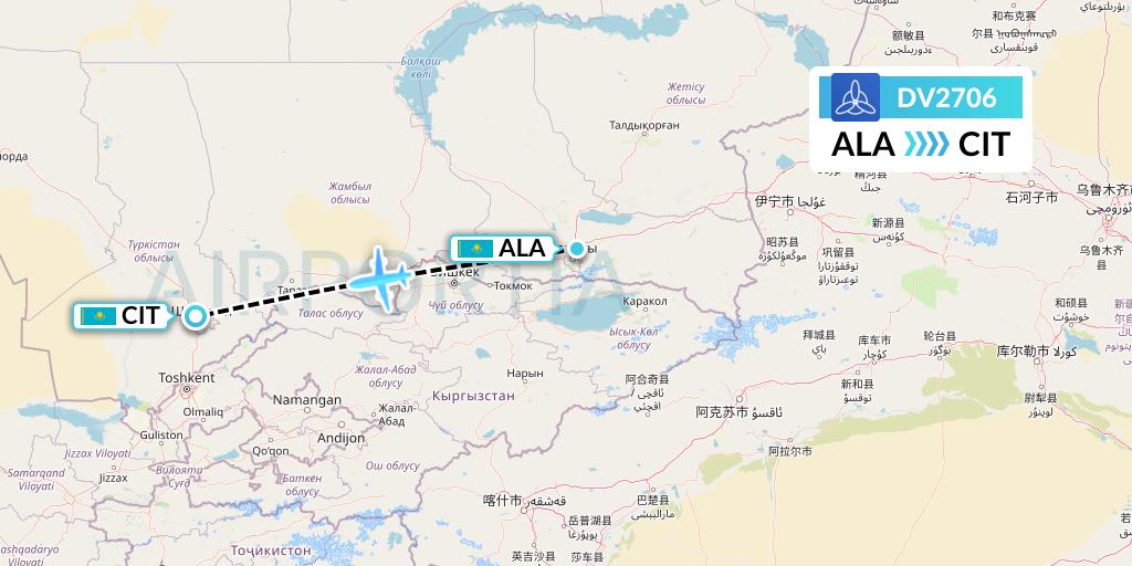 DV2706 SCAT Flight Map: Almaty to Shymkent
