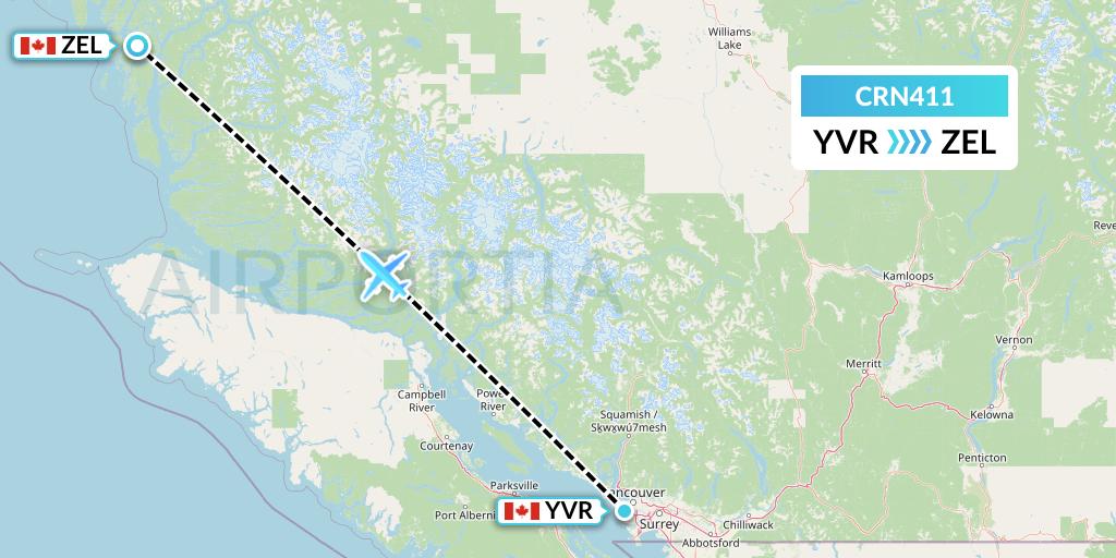 CRN411 Aerocaribbean Flight Map: Vancouver to Bella Bella