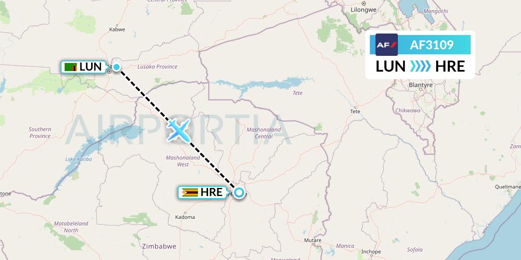 AF3109 Air France Flight Map: Lusaka to Harare