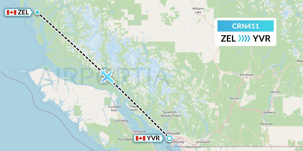 CRN411 Aerocaribbean Flight Map: Bella Bella to Vancouver