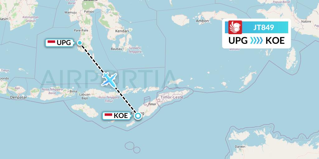 JT849 Lion Airlines Flight Map: Makassar to Kupang