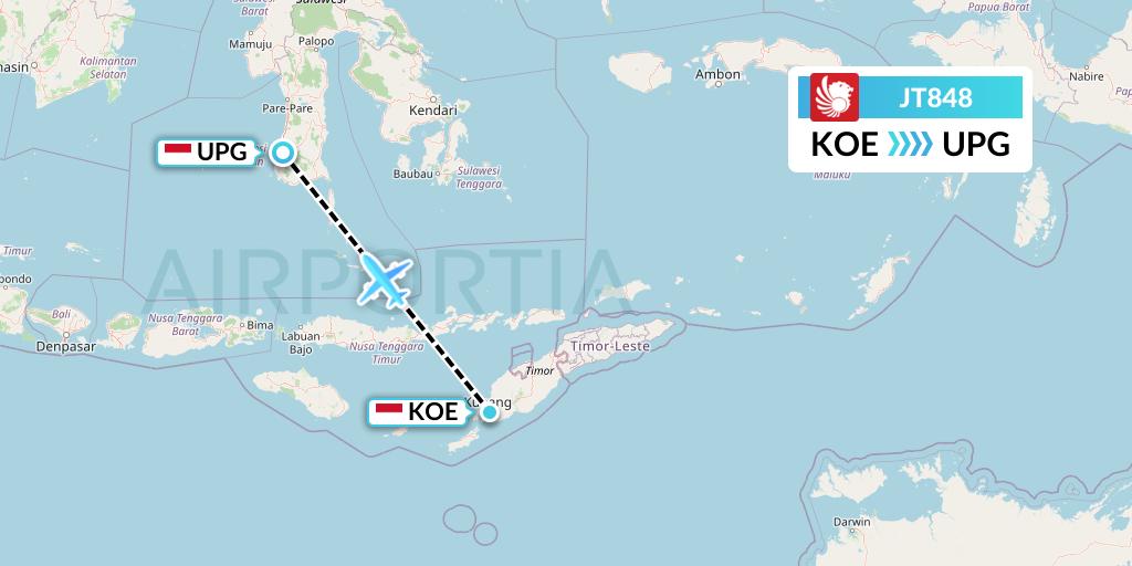 JT848 Lion Airlines Flight Map: Kupang to Makassar