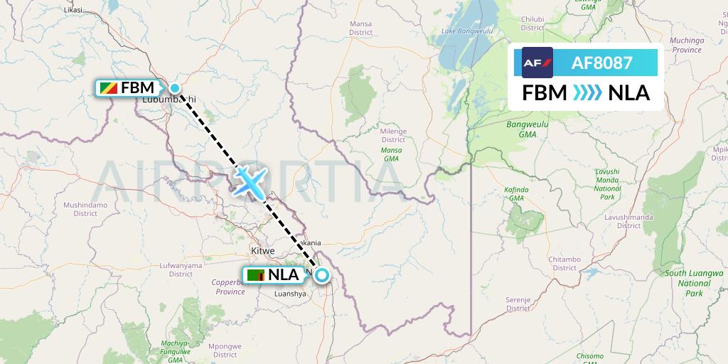 AF8087 Air France Flight Map: Lubumbashi to Ndola