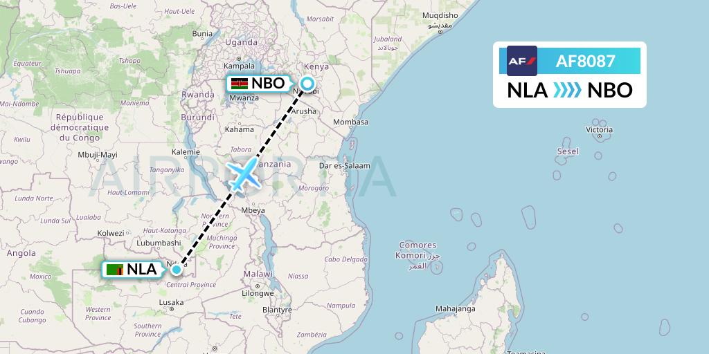 AF8087 Air France Flight Map: Ndola to Nairobi