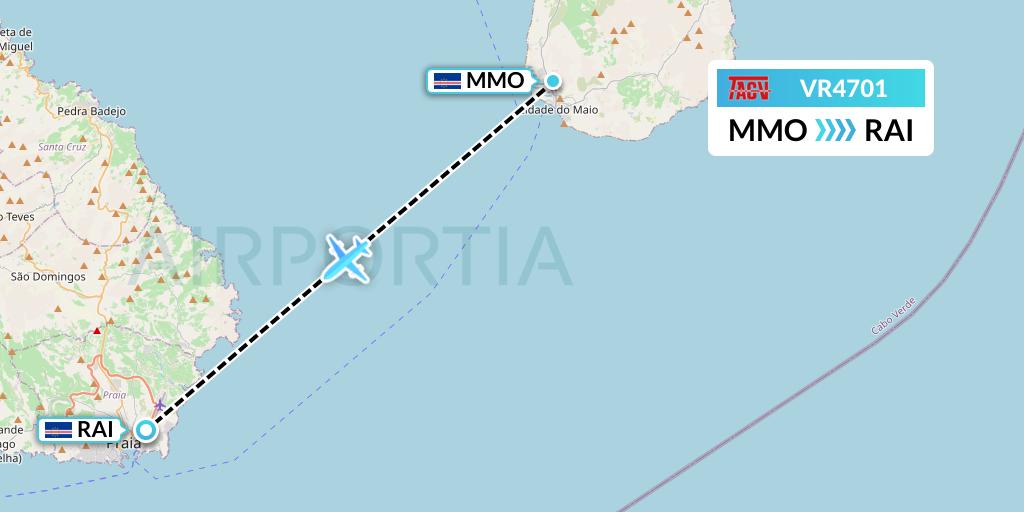 VR4701 TACV Cape Verde Airlines Flight Map: Vila do Maio to Praia