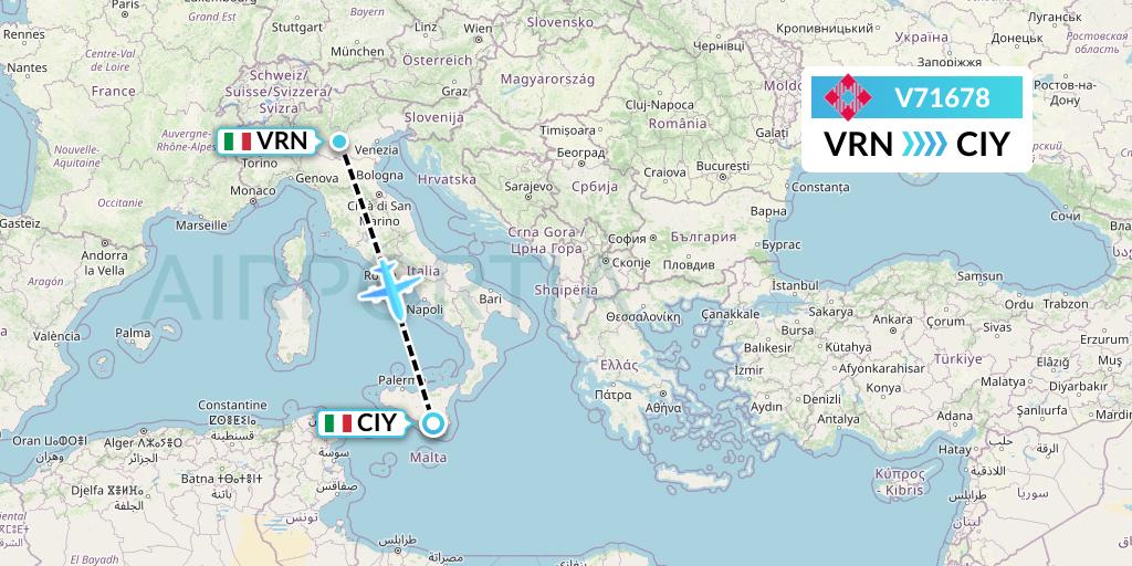 V71678 Volotea Flight Map: Verona to Comiso