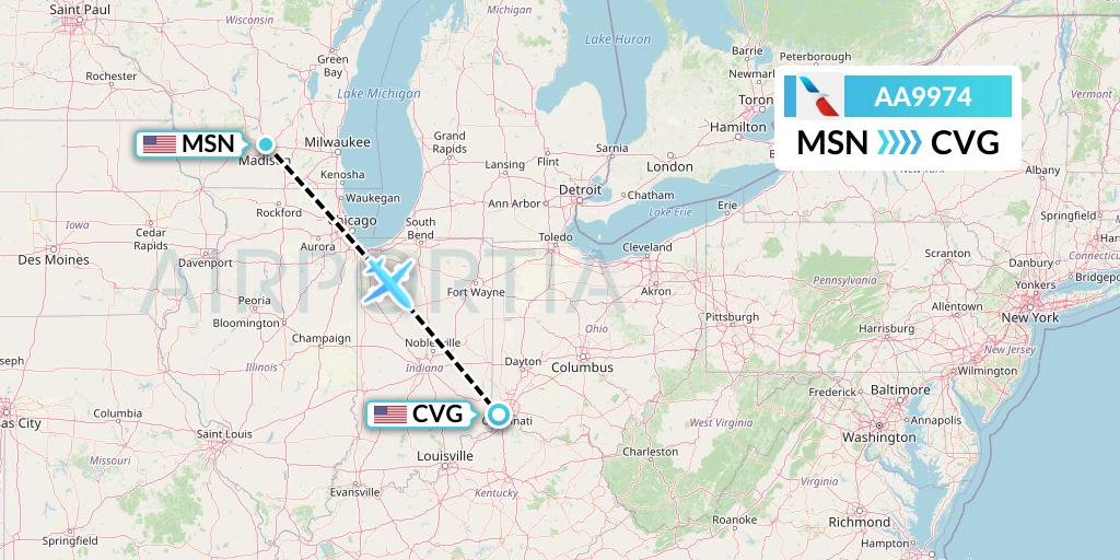 AA9974 American Airlines Flight Map: Madison to Cincinnati