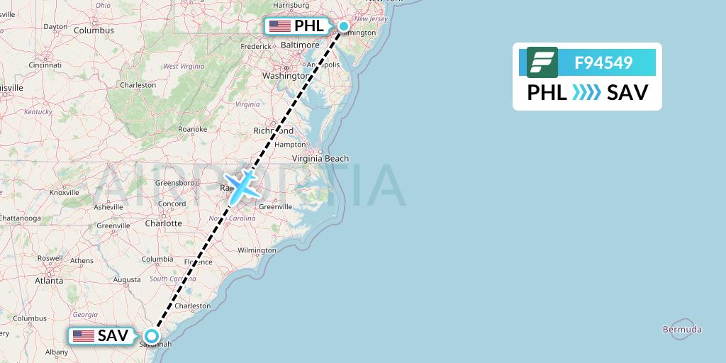 F94549 Frontier Airlines Flight Map: Philadelphia to Savannah
