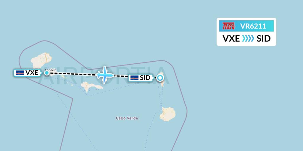 VR6211 TACV Cape Verde Airlines Flight Map: Sao Vicente to Espargos