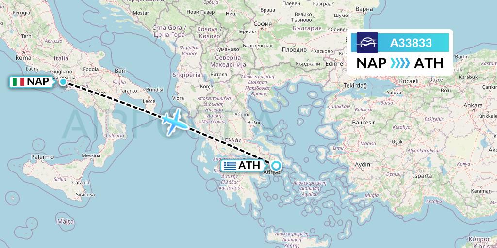 A33833 Aegean Airlines Flight Map: Naples to Athens