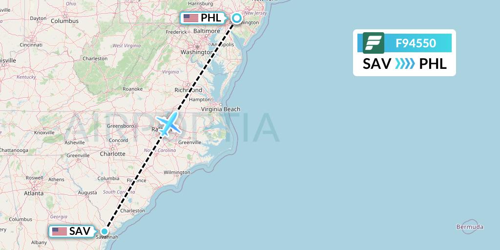 F94550 Frontier Airlines Flight Map: Savannah to Philadelphia