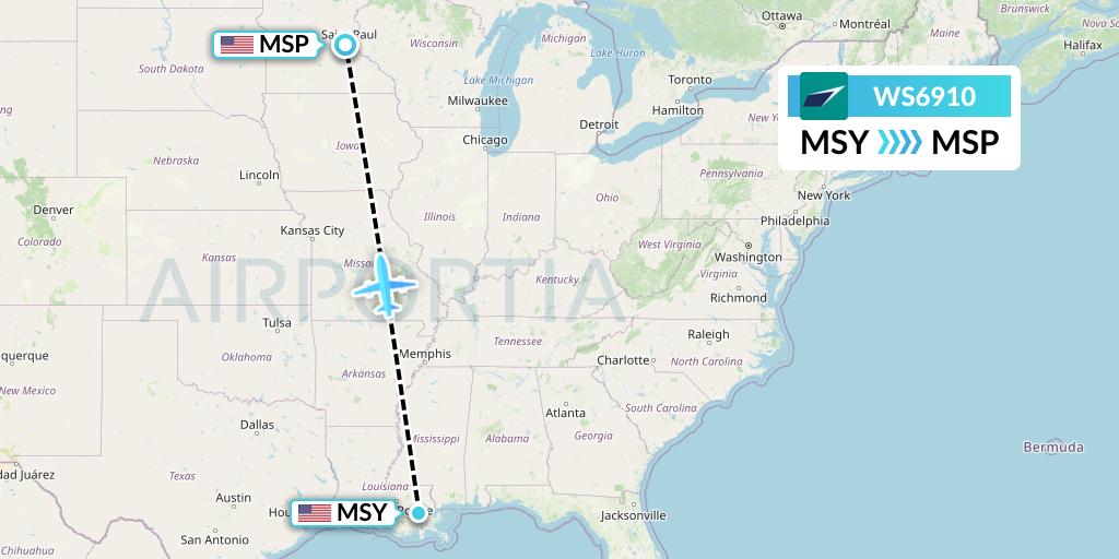 WS6910 WestJet Flight Map: New Orleans to Minneapolis
