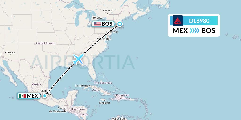 DL8980 Delta Air Lines Flight Map: Mexico City to Boston
