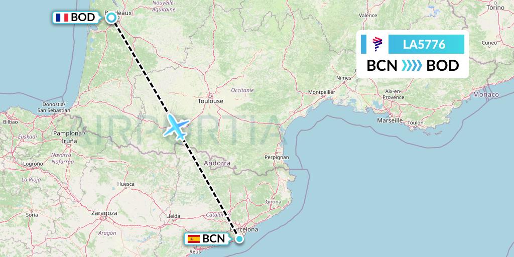 LA5776 LAN Airlines Flight Map: Barcelona to Bordeaux