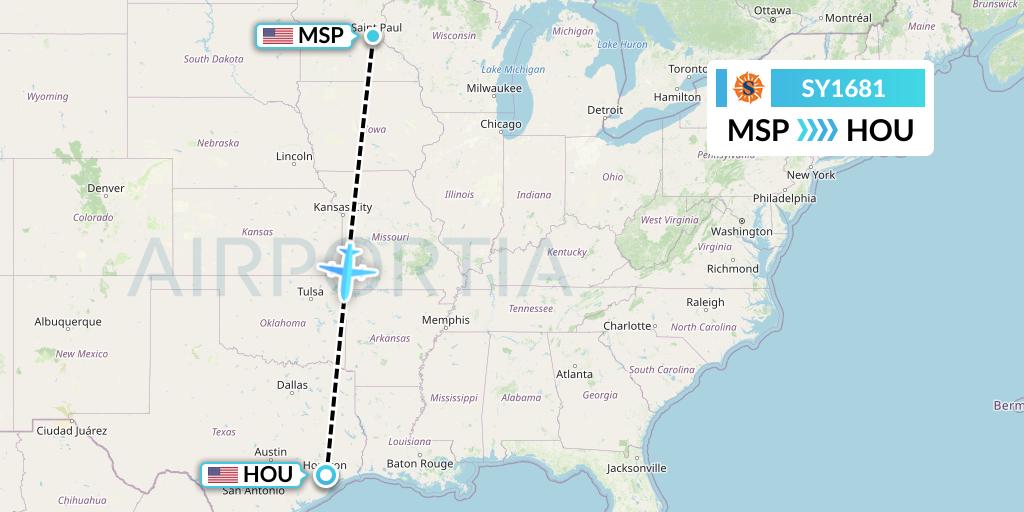 SY1681 Sun Country Airlines Flight Map: Minneapolis to Houston